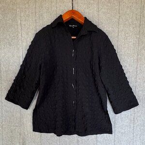 Courtney Washington Black Bracelet Bell Sleeve Novelty Button Front Tunic Top